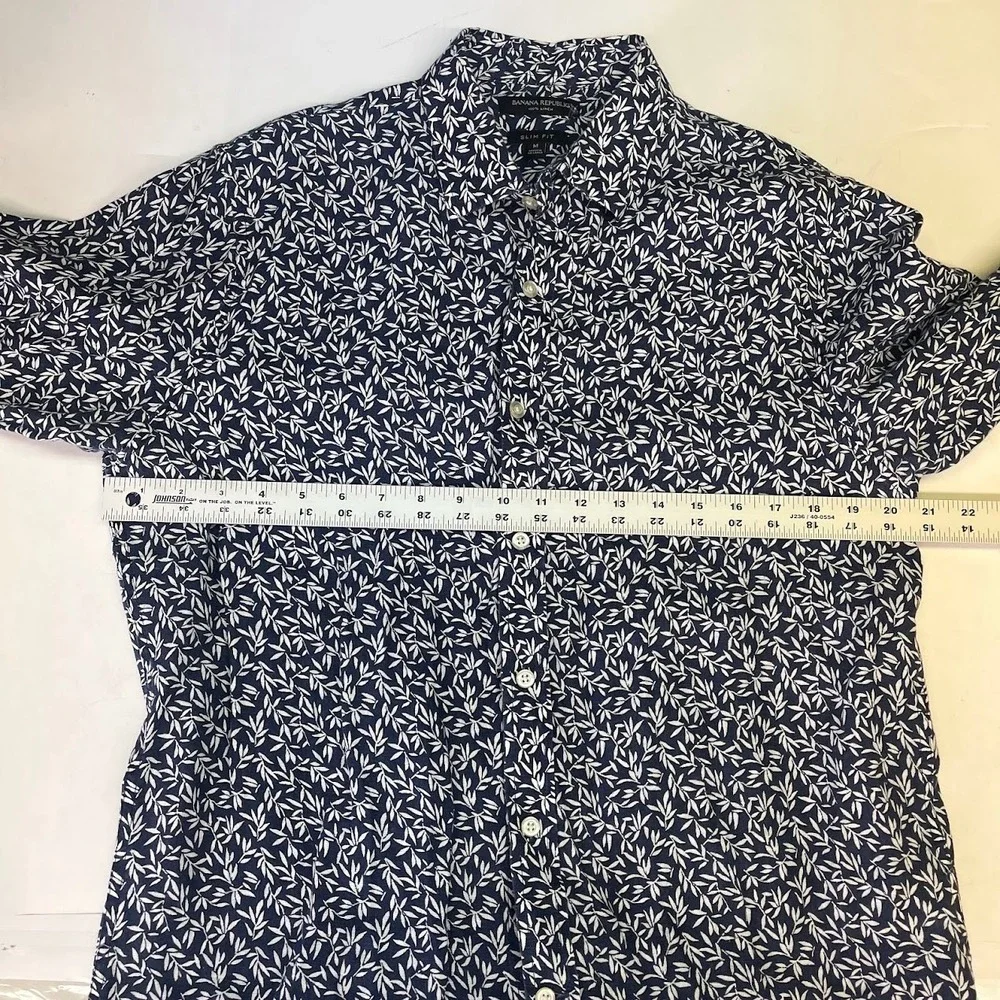 Banana Republic Mens Slim Fit 100% Linen Leaf Print Button Down Shirt Navy M